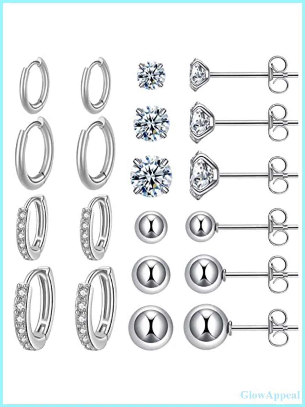 10 Pair Surgical Steel Huggie Hoop CZ Stud Earrings Set for Women